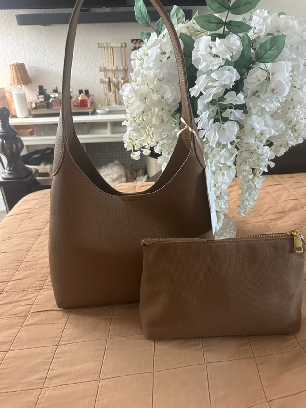 Classic Brown Leatherette Hobo Bag with Matching Pouch